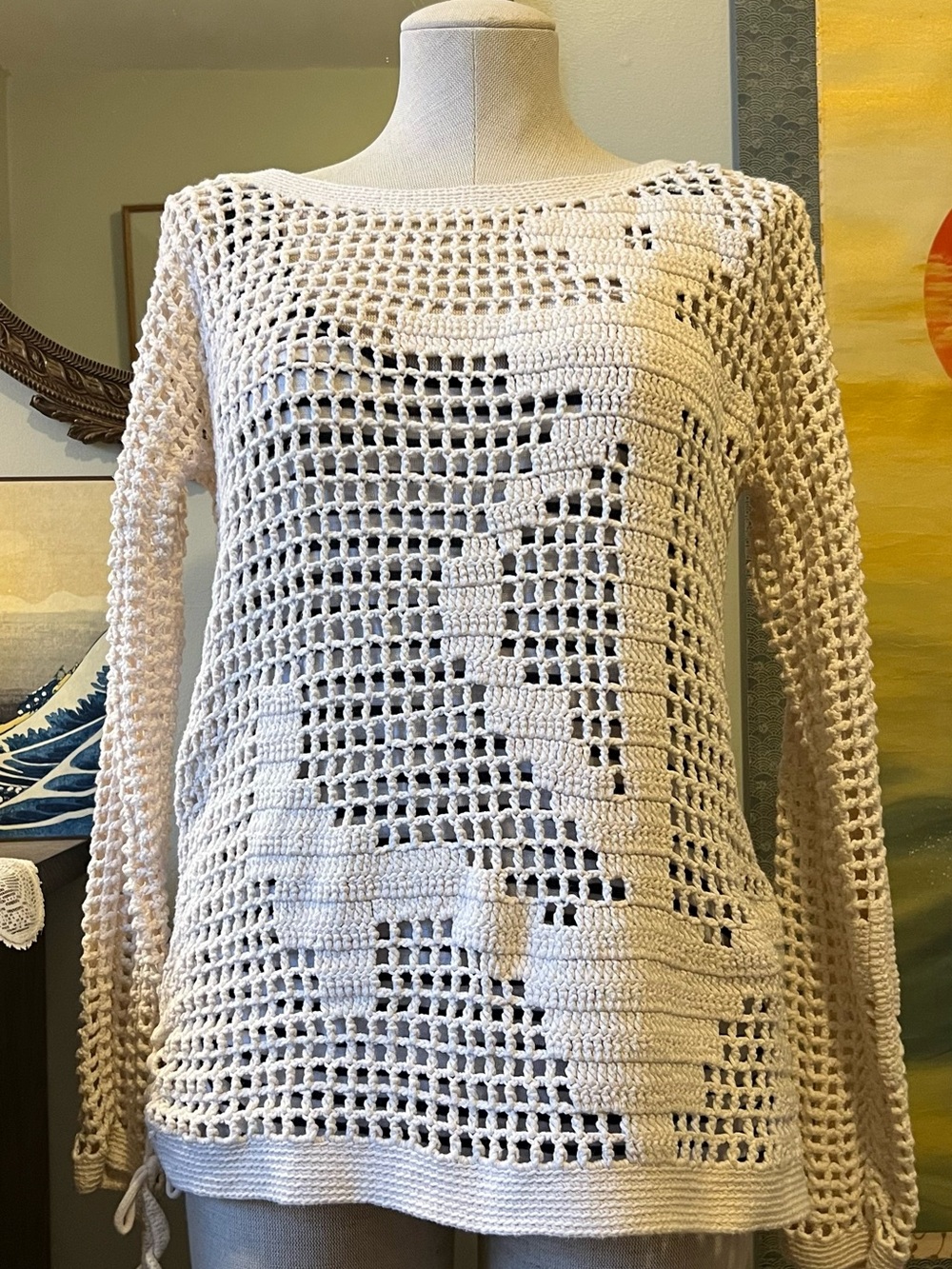 Handmade Open-Knit Women's Sweater Pullover in Cream, with a crochet anchor ⚓️